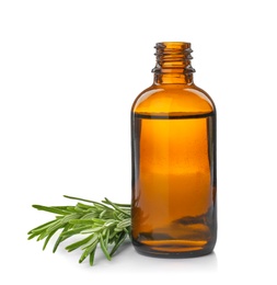 Photo of Bottle with rosemary essential oil and fresh herb on white background