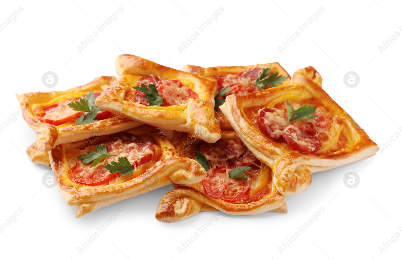 Photo of Fresh delicious puff pastry with cheese, tomatoes and parsley on white background, closeup