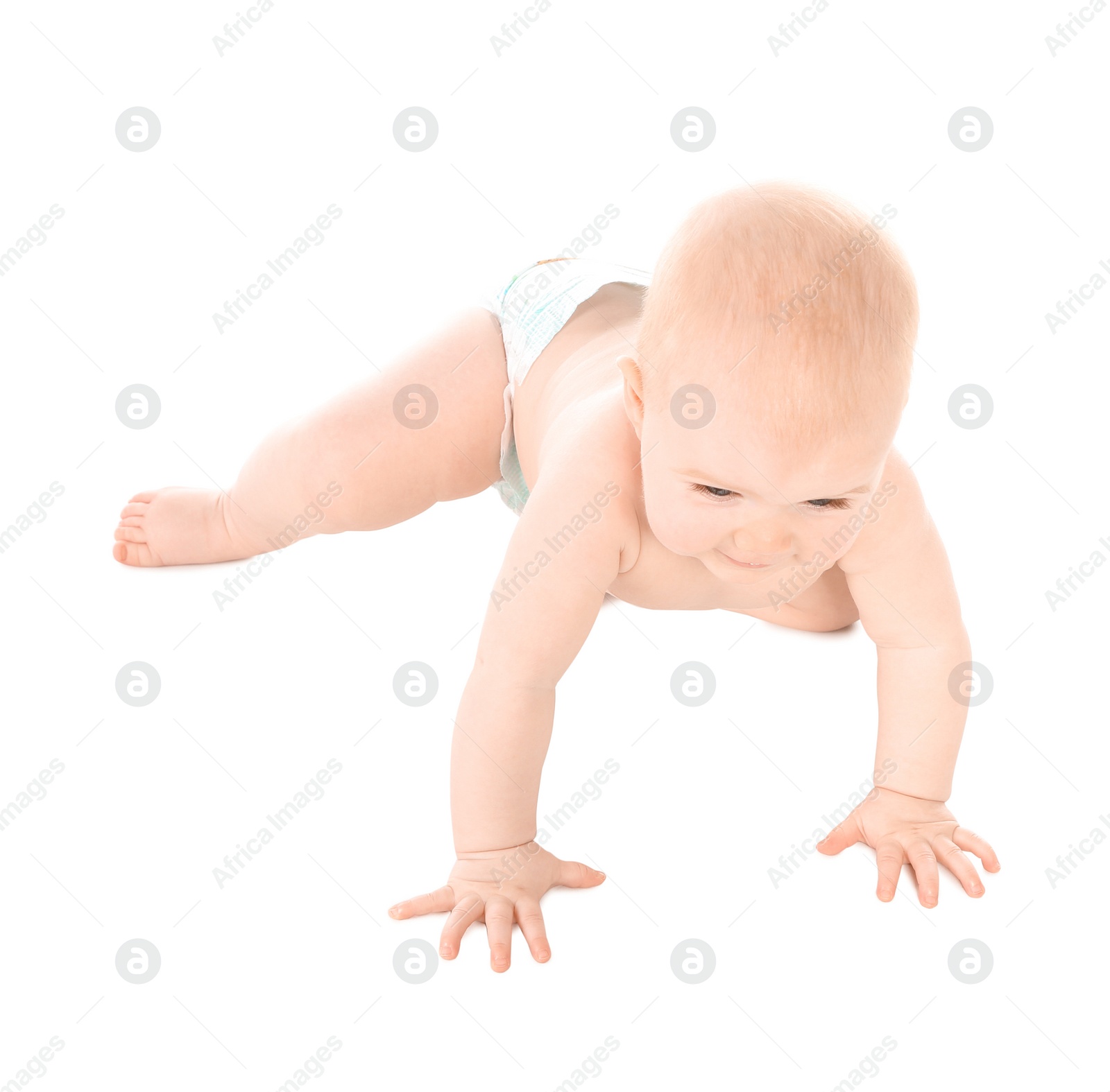 Photo of Cute little baby crawling on white background