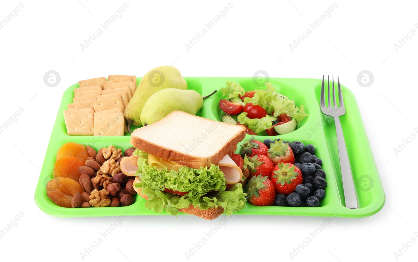 Photo of Tray with tasty food on white background. School lunch