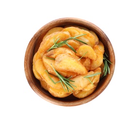 Photo of Baked potatoes with rosemary in bowl on white background, top view