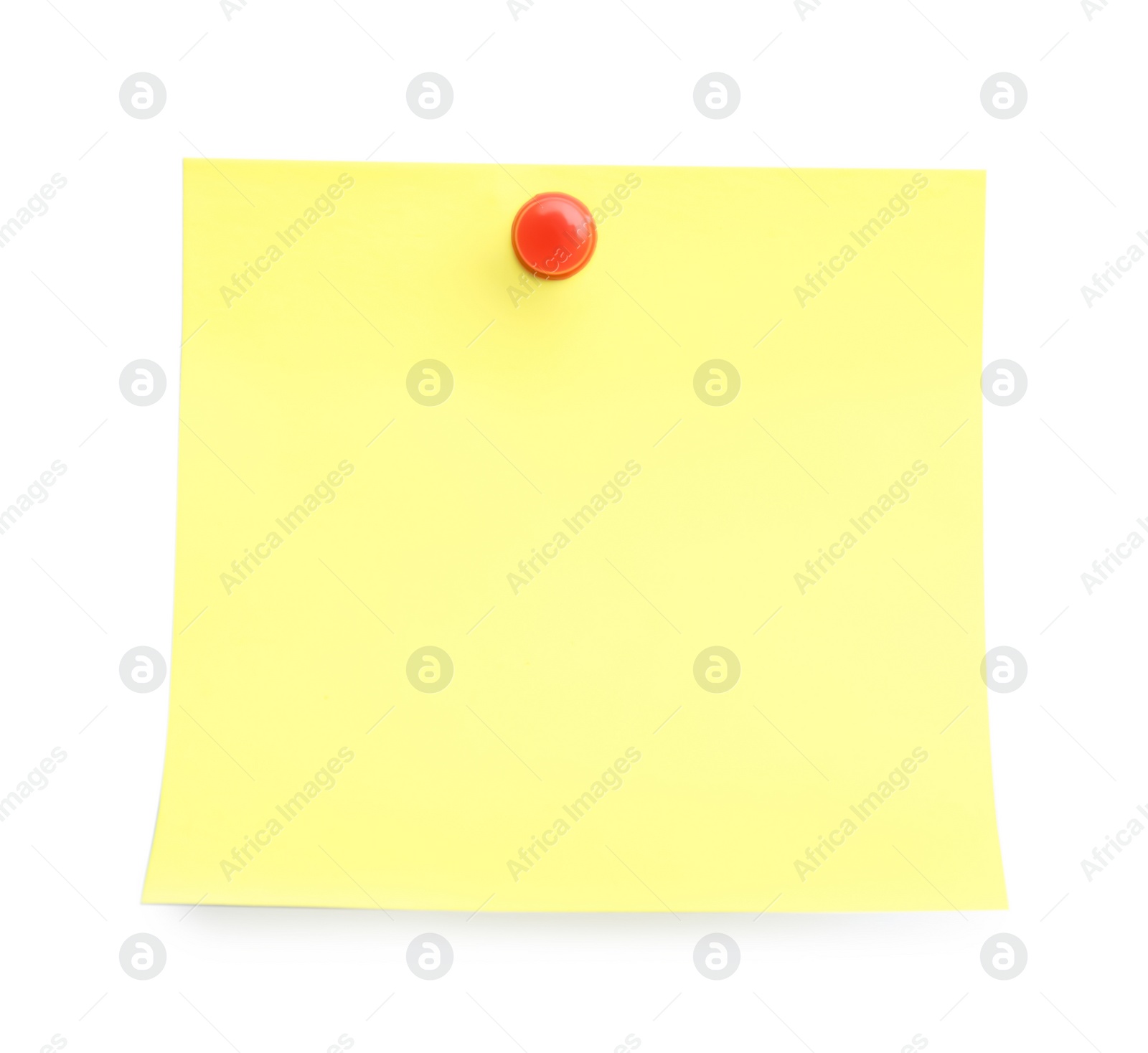 Photo of Blank yellow note pinned on white background, top view