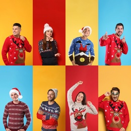 Image of Collage with photos of men and women in different Christmas sweaters on color backgrounds