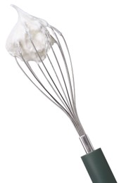 Photo of Whisk with whipped egg whites isolated on white