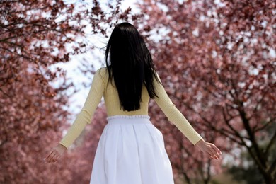 Young woman near beautiful blossoming trees outdoors, back view. Stylish spring look