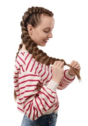 Woman with braided hair on white background
