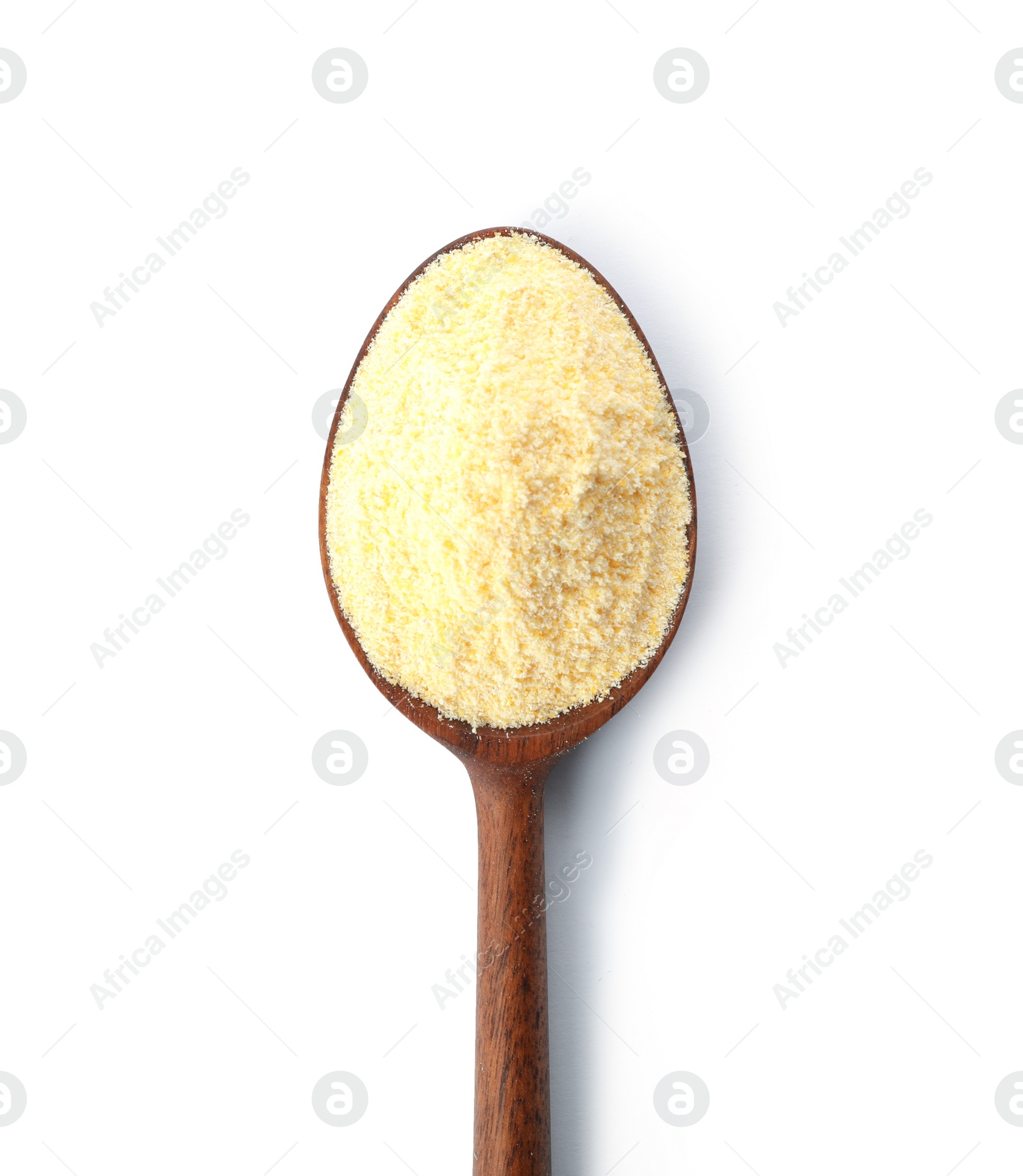 Photo of Spoon of corn flour isolated on white, top view