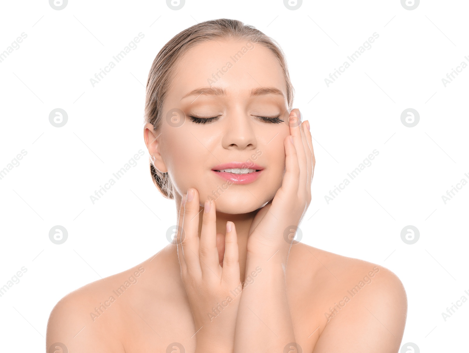 Photo of Portrait of young woman with beautiful face on white background