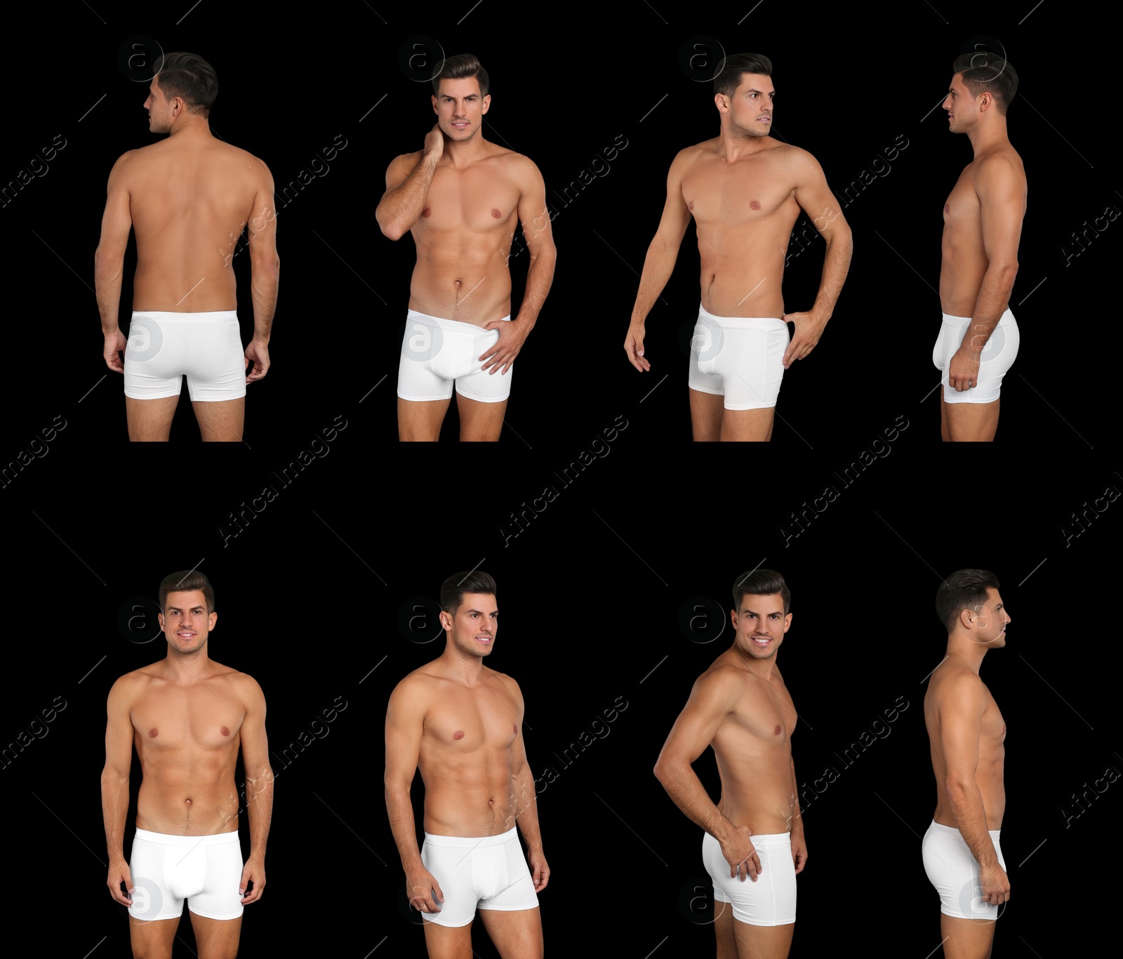 Image of Collage of man in underwear on black background