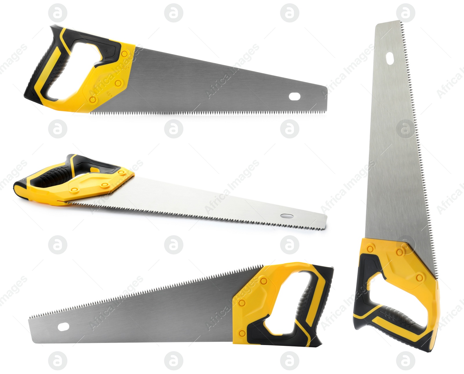 Image of Collage with hand saws on white background. Carpenter's tools