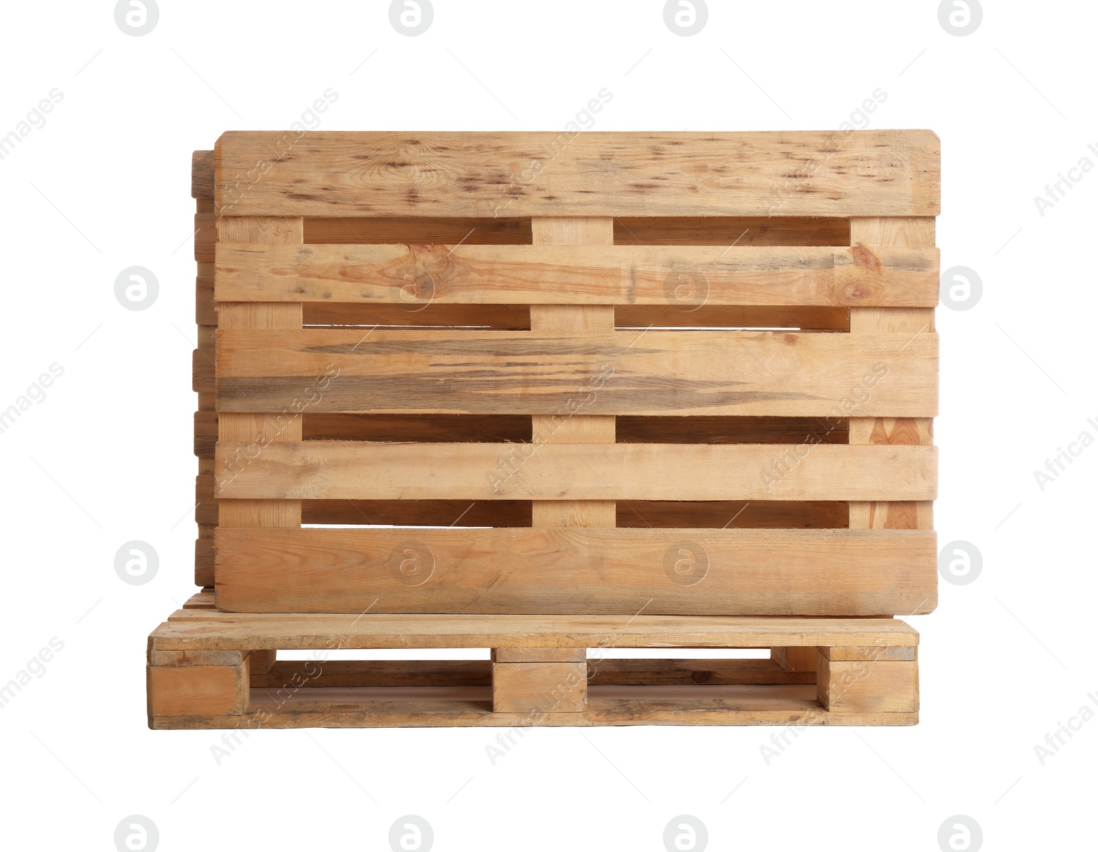 Photo of Wooden pallets isolated on white. Transportation and storage