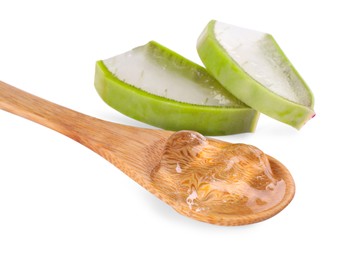Photo of Aloe vera gel in spoon and slices of plant isolated on white