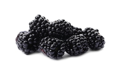Photo of Pile of ripe juicy blackberry on white background