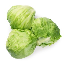 Photo of Fresh green iceberg lettuces isolated on white, top view