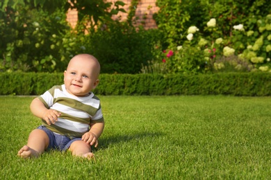 Photo of Adorable little baby sitting on green grass outdoors