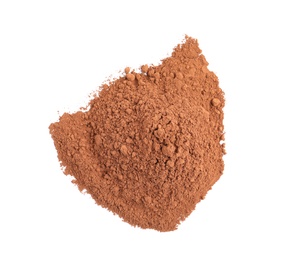 Photo of Pile of chocolate protein powder isolated on white, top view