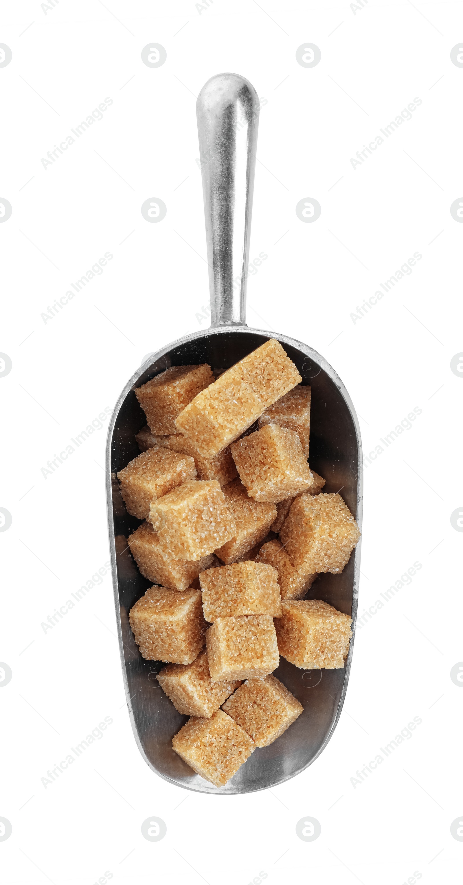 Photo of Brown sugar cubes in metal scoop isolated on white, top view