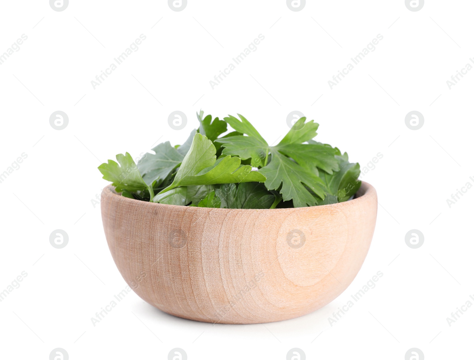 Photo of Fresh green parsley in bowl isolated on white