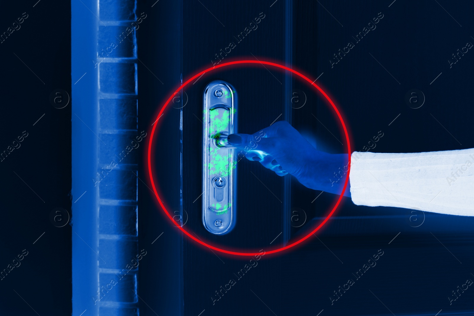 Image of Woman opening door, closeup view under UV light. Avoid touching surfaces in public spaces during coronavirus outbreak