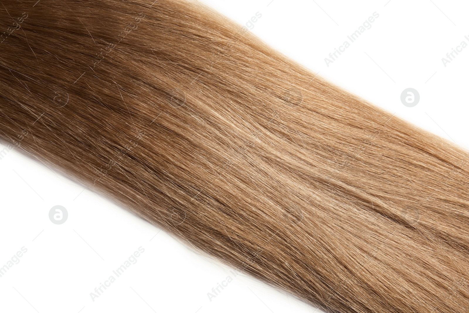 Photo of Strand of healthy blond hair on white background