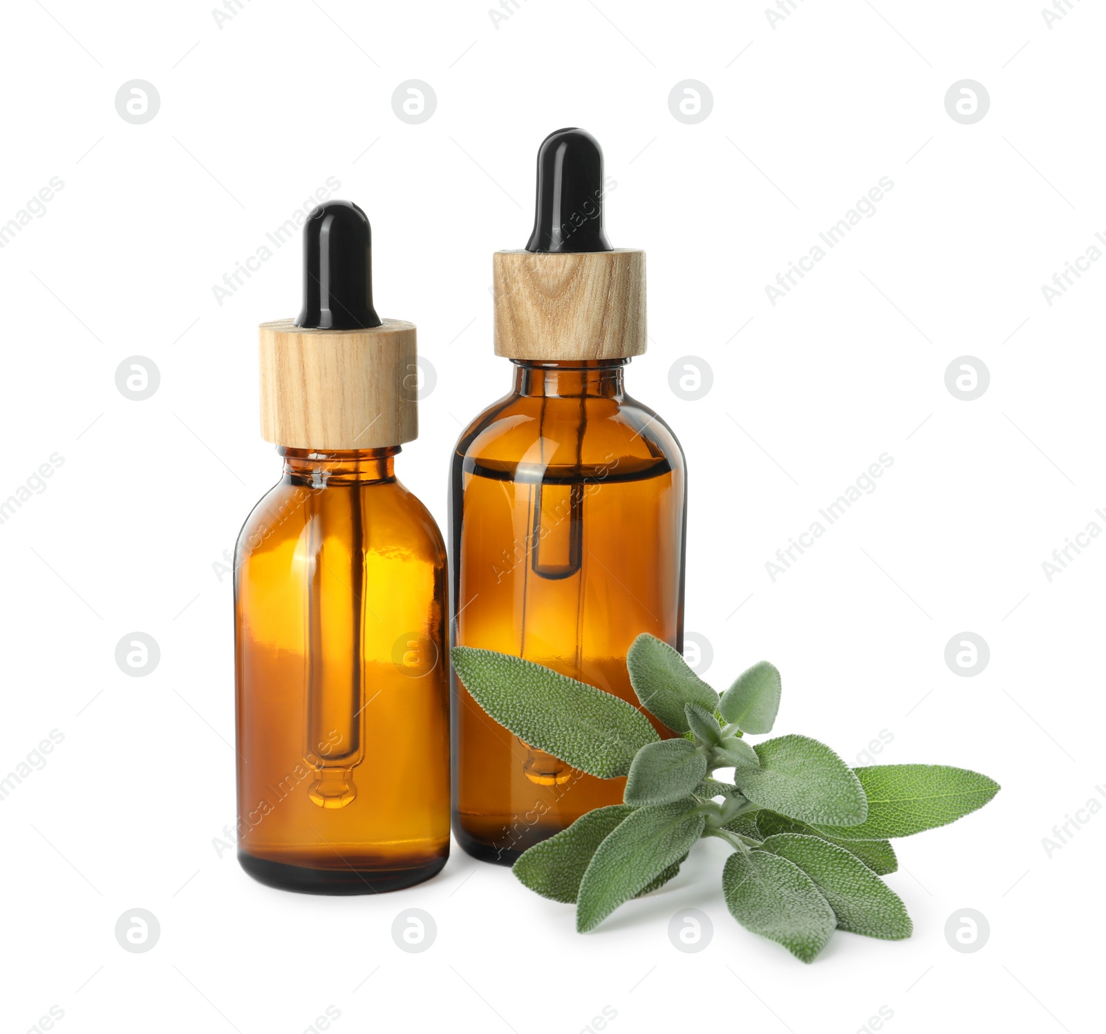 Photo of Bottles of essential oil and sage on white background