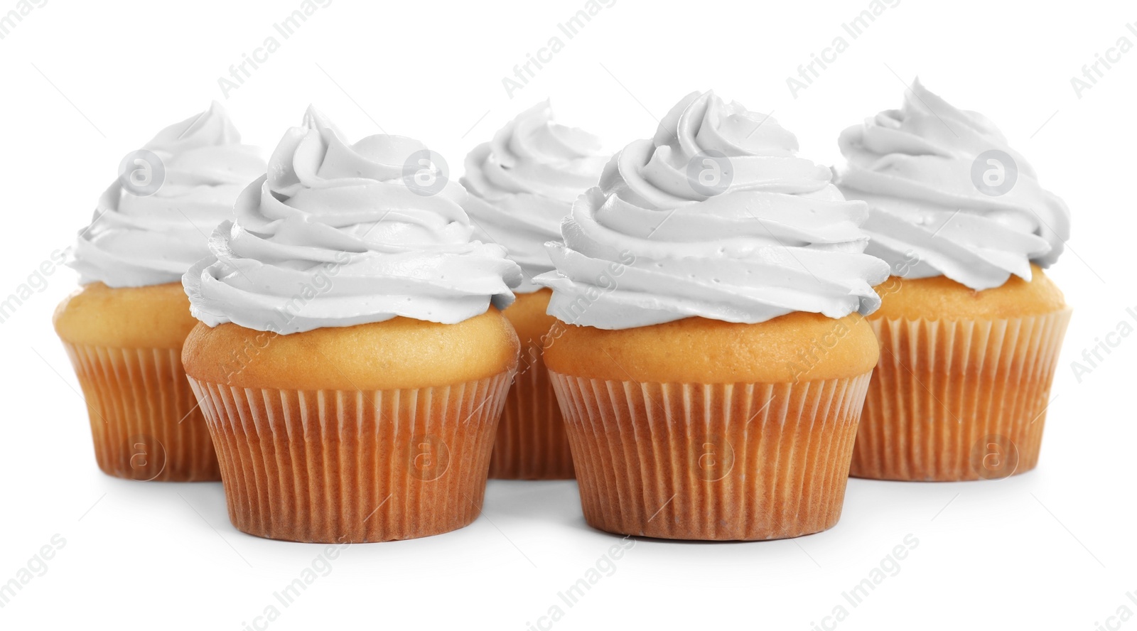 Photo of Delicious cupcakes decorated with cream on white background