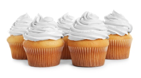 Photo of Delicious cupcakes decorated with cream on white background