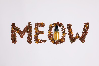 Photo of Tincture and word Meow of dry pet food on light background, flat lay