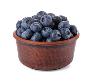 Photo of Tasty fresh ripe blueberries in bowl on white background
