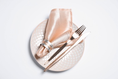 Stylish table setting on white background, top view