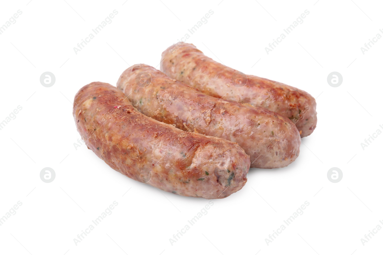 Photo of Three tasty homemade sausages isolated on white