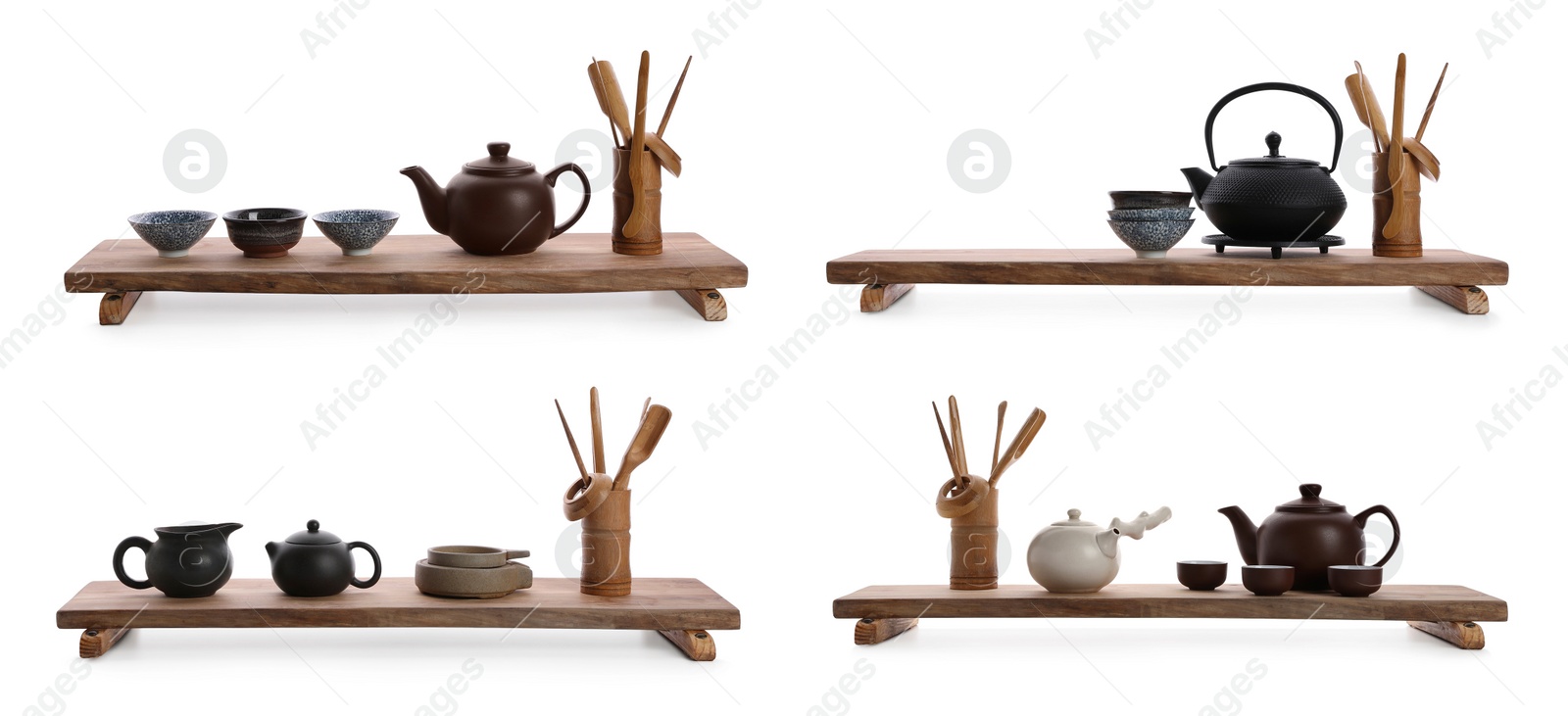 Image of Beautiful sets for traditional tea ceremony on white background, collage. Banner design