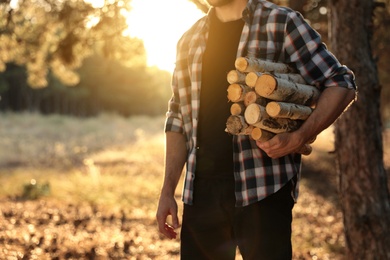 Photo of Man holding pile of cut firewood in forest, closeup