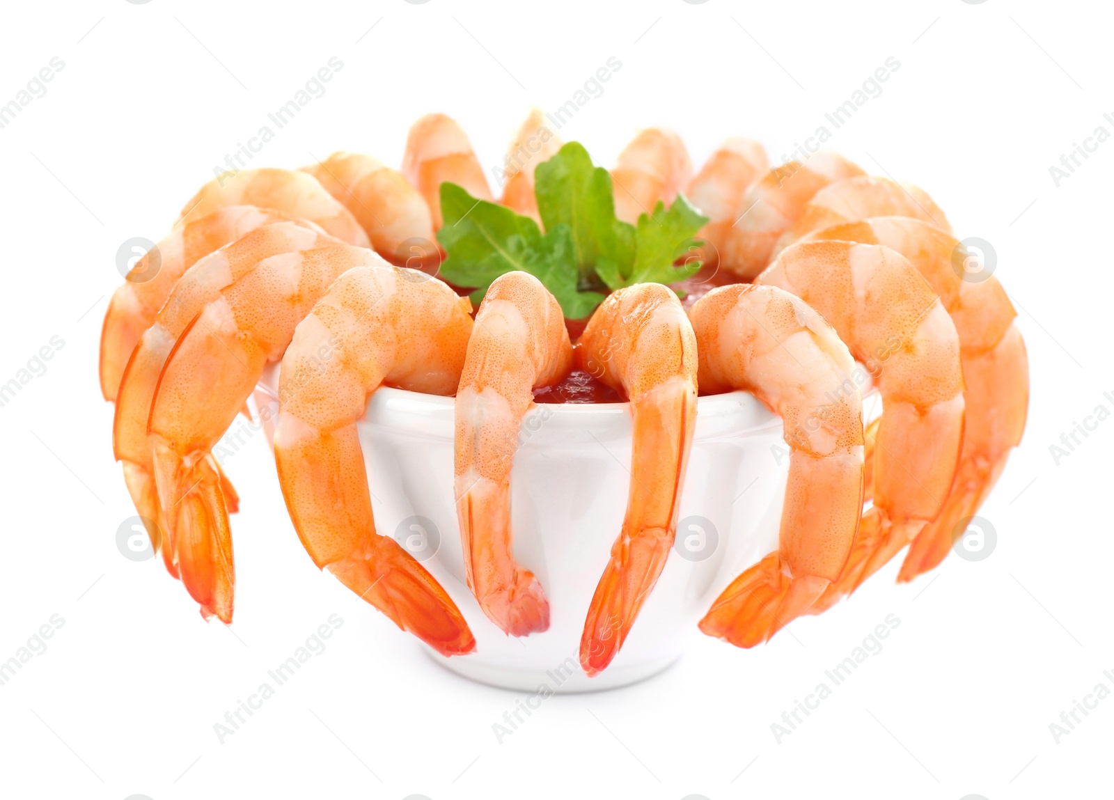 Photo of Delicious shrimp cocktail with tomato sauce isolated on white