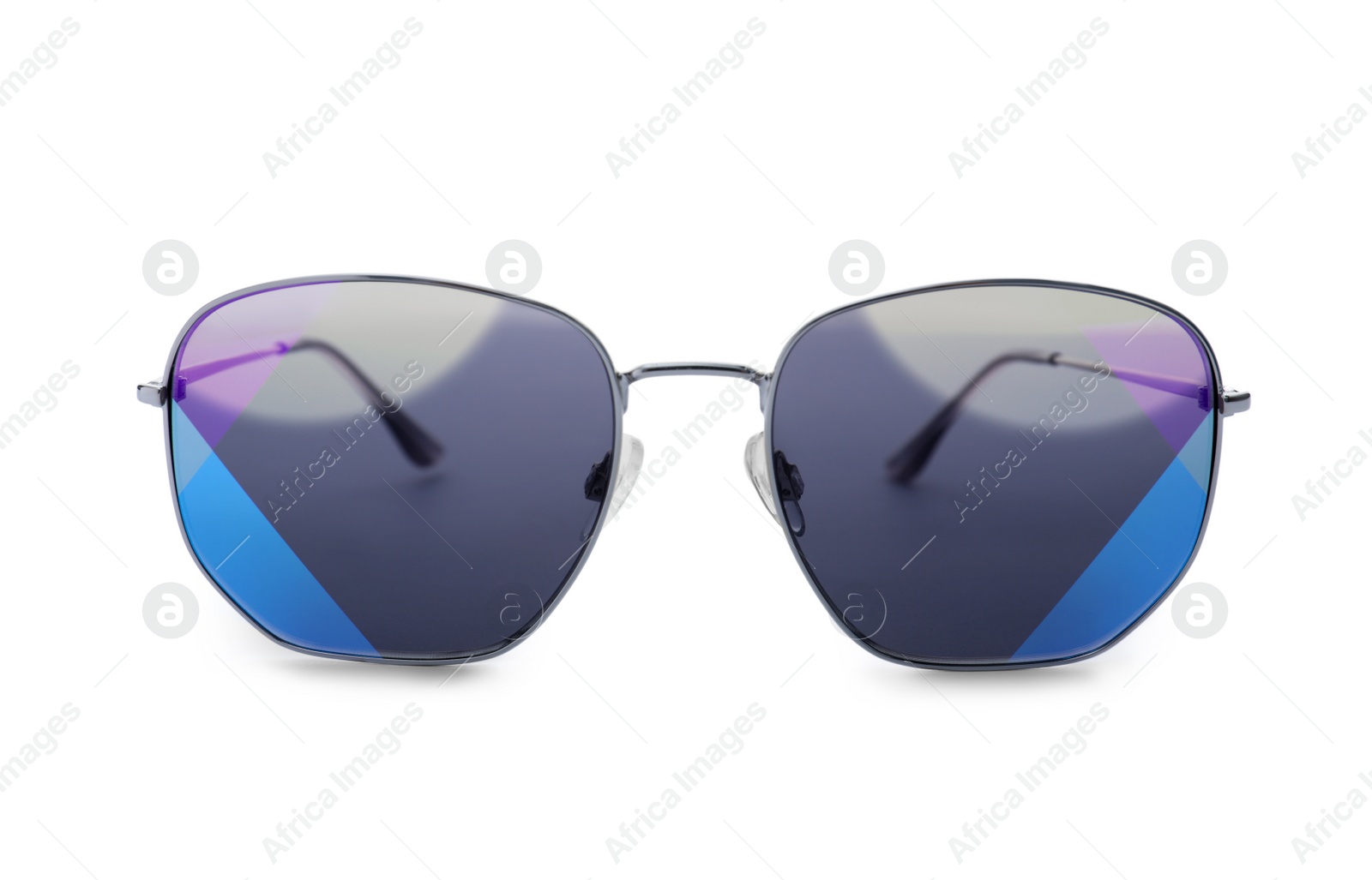 Photo of Stylish sunglasses on white background. Summer accessory