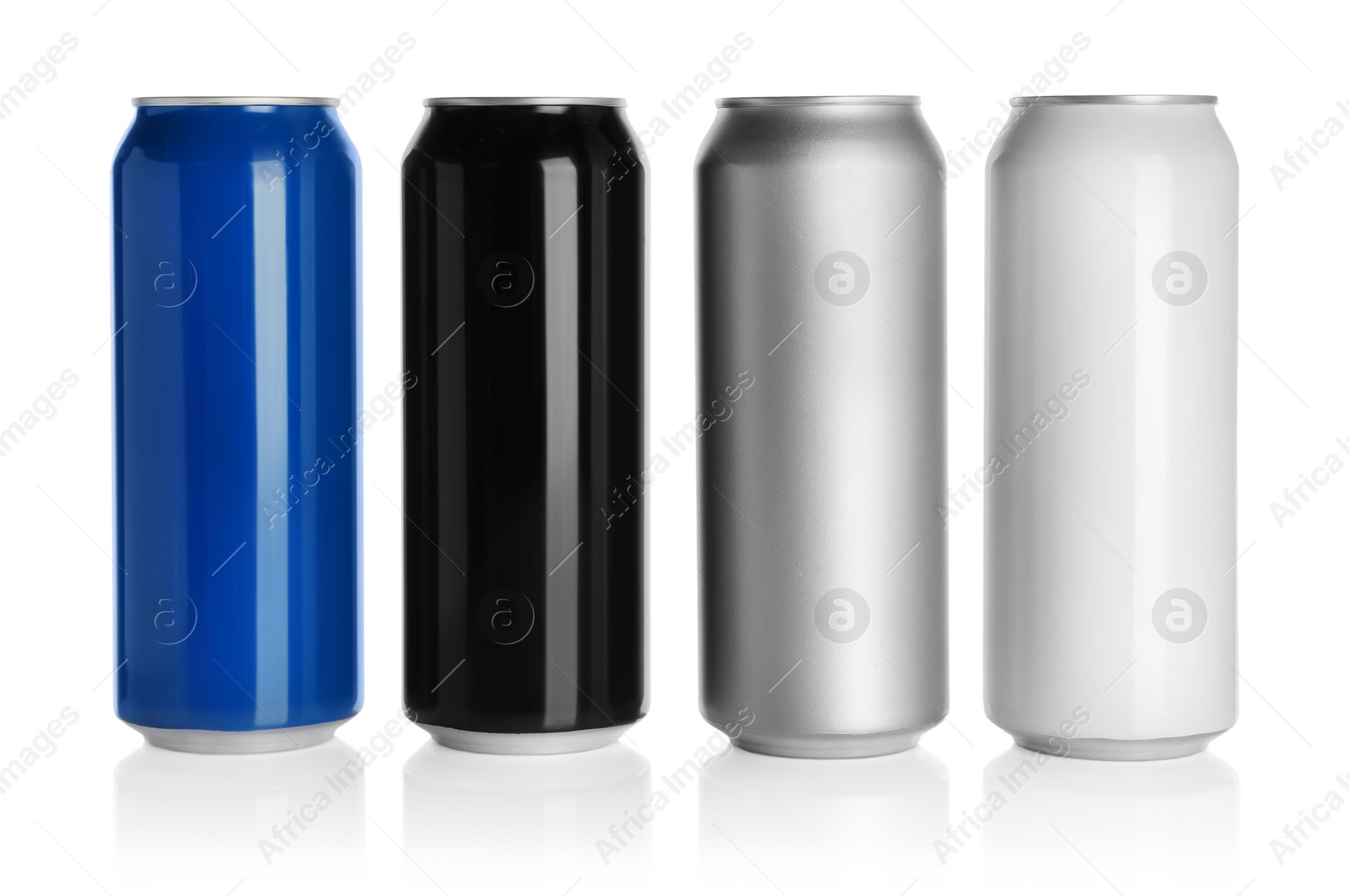 Photo of Set of aluminum cans with drinks on white background