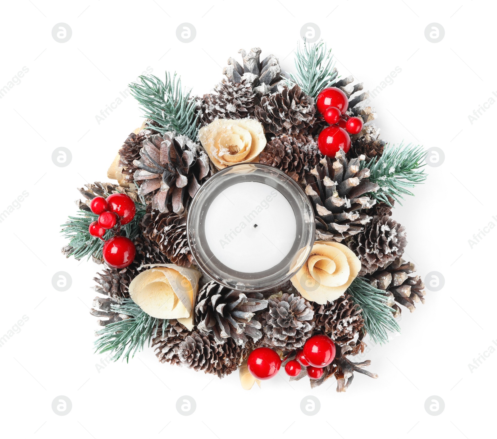 Photo of Beautiful Christmas wreath with candle in middle isolated on white, top view