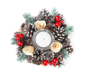 Photo of Beautiful Christmas wreath with candle in middle isolated on white, top view