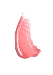 Photo of Stroke of pink lip gloss isolated on white, top view