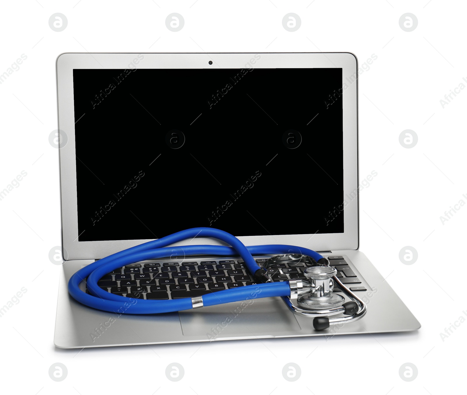 Photo of Modern laptop with stethoscope on white background. Mockup for design