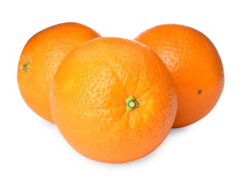 Photo of Delicious fresh ripe oranges on white background