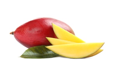 Photo of Delicious ripe mangoes on white background. Tropical fruit