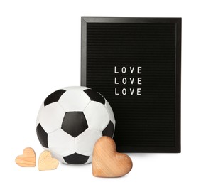 Soccer ball, hearts and letter board with words Love on white background