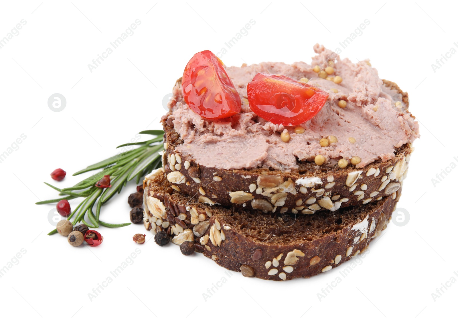 Photo of Delicious liverwurst sandwich and ingredients isolated on white