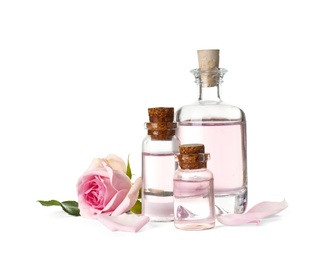 Bottles of essential oil and rose on white background