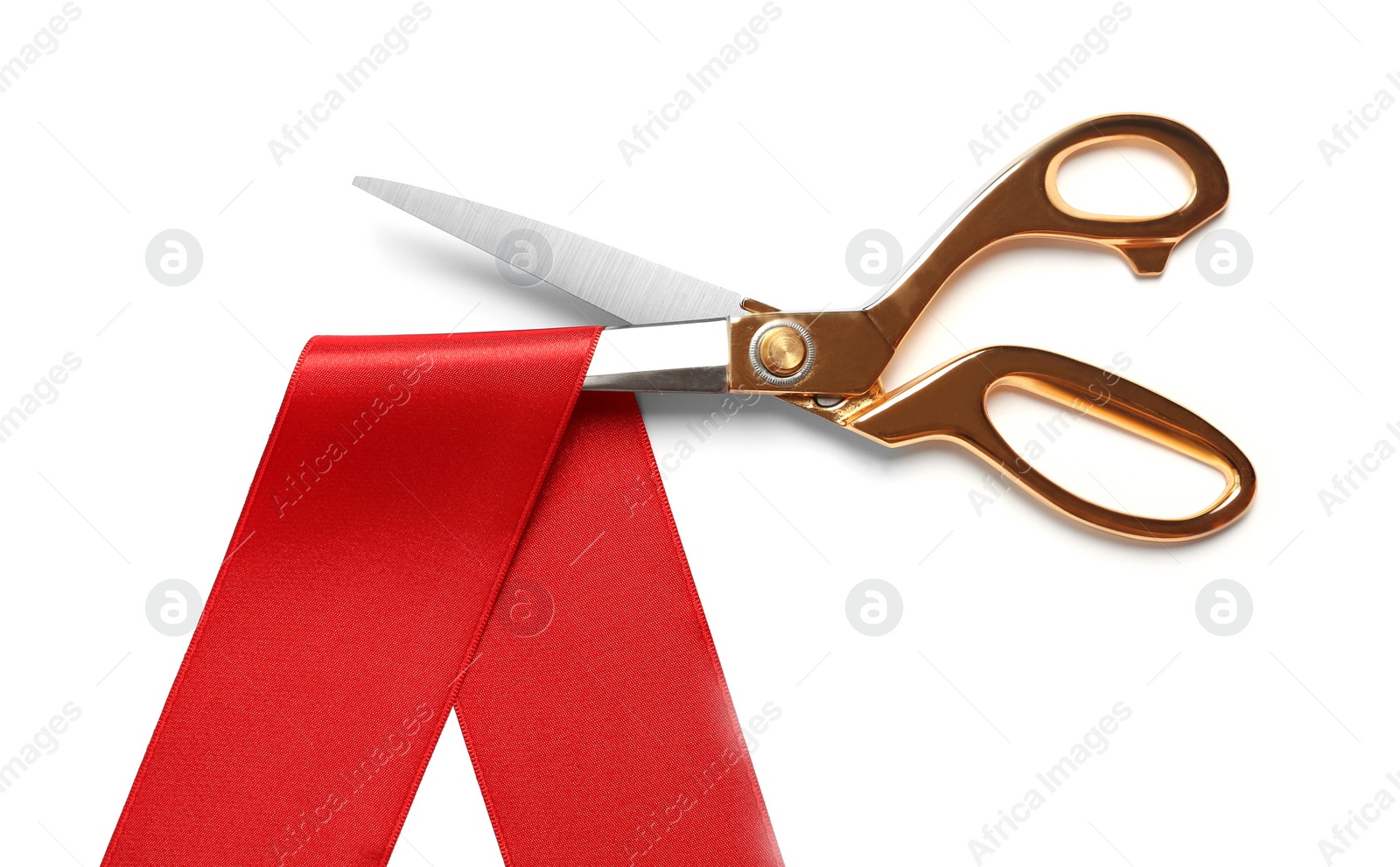 Photo of Ribbon and scissors on white background, top view. Ceremonial red tape cutting