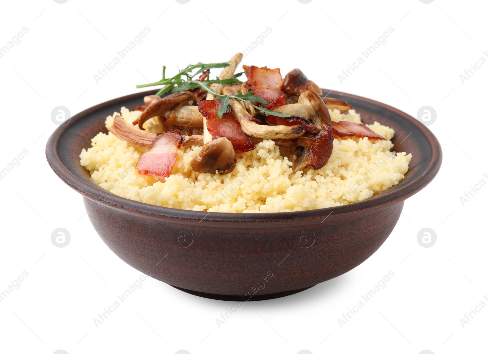 Photo of Tasty couscous with mushrooms and bacon in bowl isolated on white