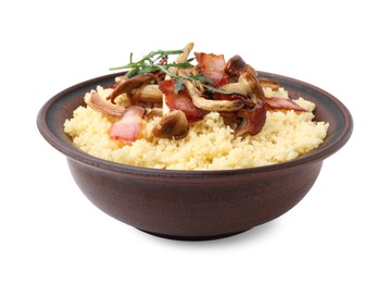 Tasty couscous with mushrooms and bacon in bowl isolated on white
