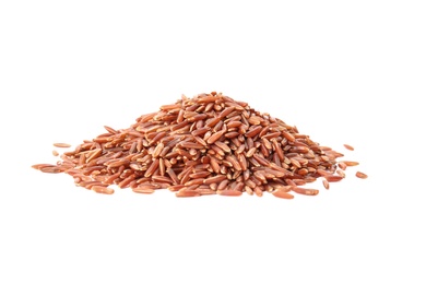 Pile of uncooked red rice on white background