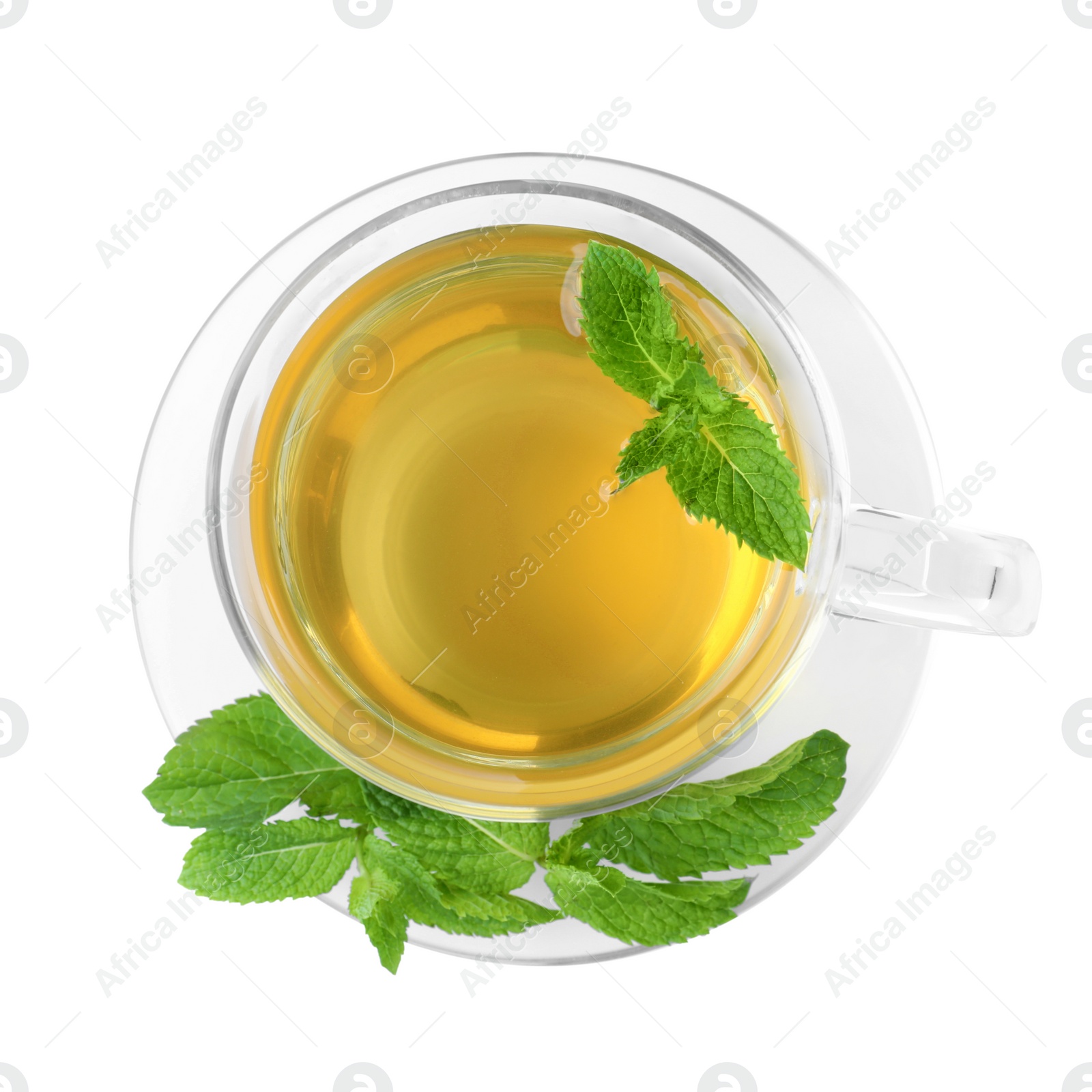 Photo of Cup with hot aromatic mint tea isolated on white, top view